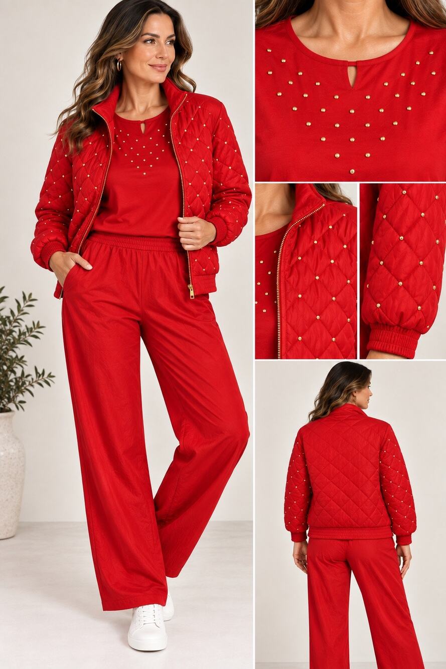 Vintage 1980s Saint Germain Paris 3 Piece Set Red Quilted Jacket Pants Top NWT